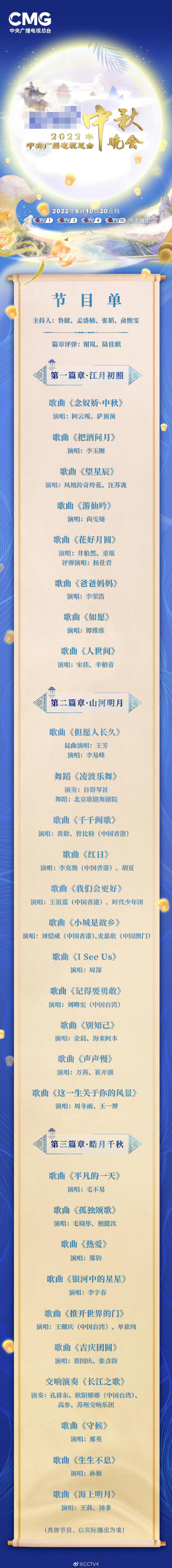 快讯-央视中秋晚会节目单曝光：那英孙楠毛不易献唱(1)
