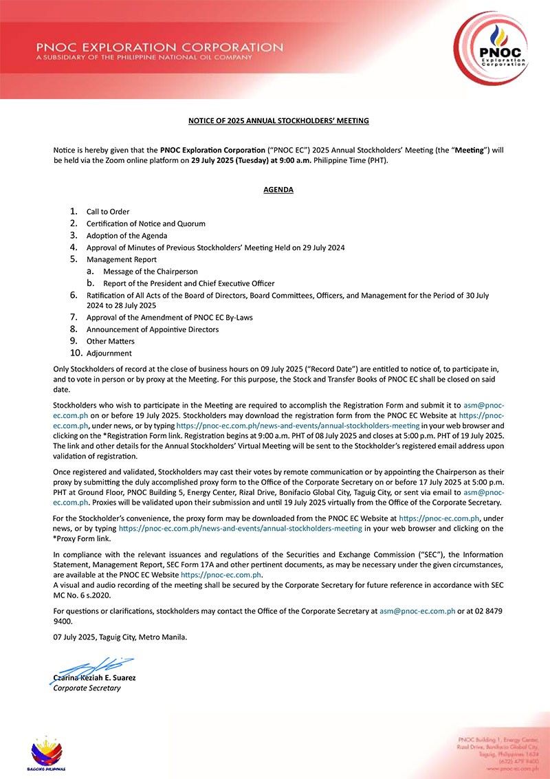 法律金融-PNOC勘探公司年度股东大会将于7月29日举行(1)